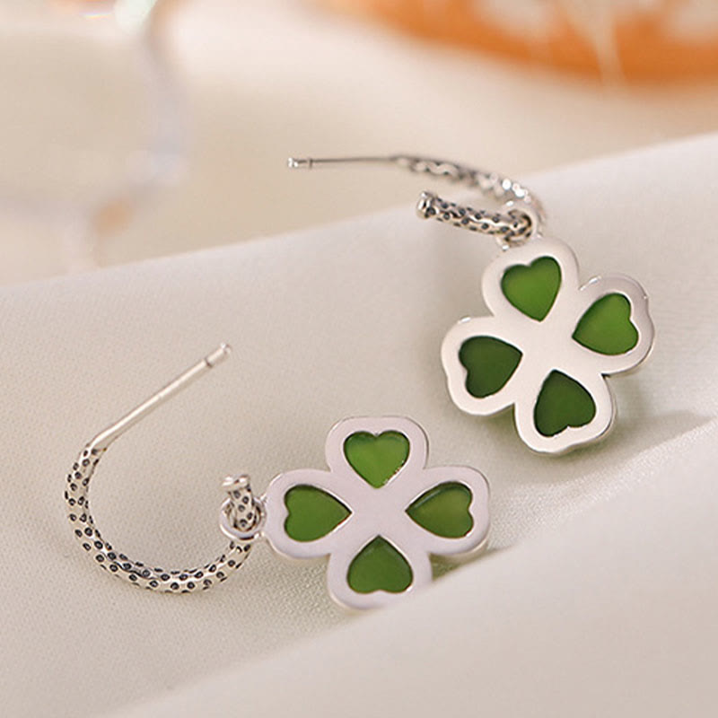 Buddha Stones 925 Sterling Silver Natural Cyan Jade Four Leaf Clover Luck Success Earrings - image 5