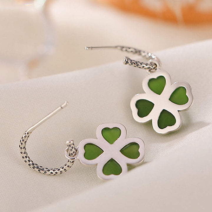 Buddha Stones 925 Sterling Silver Natural Cyan Jade Four Leaf Clover Luck Success Earrings - image 5