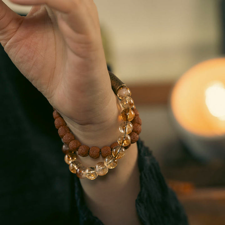 Buddha Stones Natural Citrine Crystal Rudraksha Bodhi Seed Brass Bead Prosperity Double Wrap Bracelet - image 4