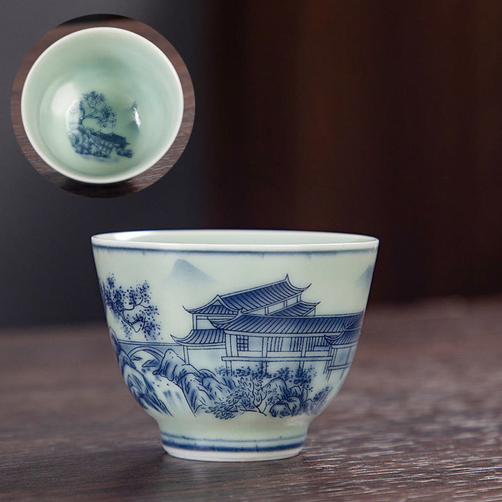 Buddha Stones Blue Landscape Mountains Lotus Cute Cat Pavilions Magnolia Reed Egrets Ceramic Teacup Small Kung Fu Tea Cup - Pavilions 6cm*4.5cm*50ml - image 11