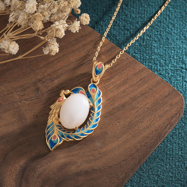 White Jade Peacock Copper Blessing Necklace Pendant - image 2
