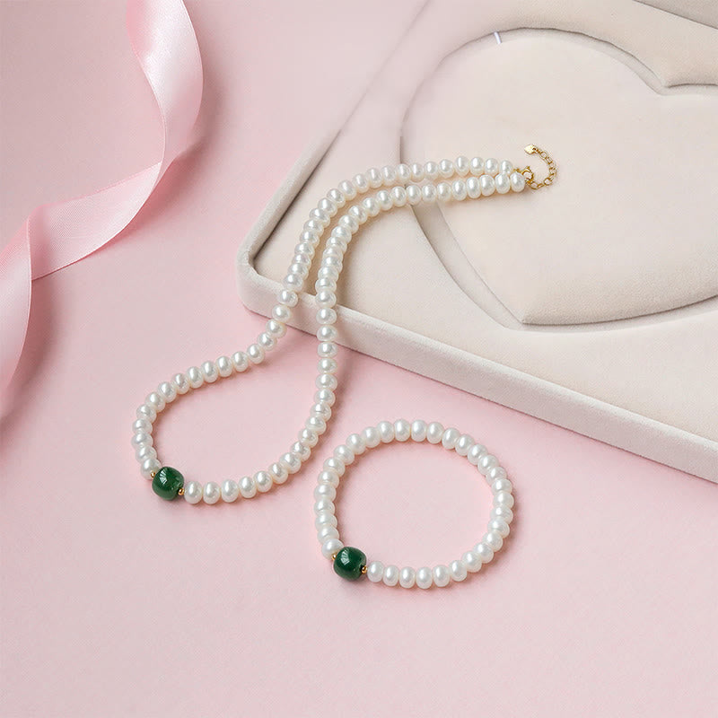 Buddha Stones 925 Sterling Silver Natural Pearl Hetian Jade Aquamarine Wisdom Sincerity Necklace Pendant Bracelet - Necklace&Bracelet - Pearl Hetian Jade Alloy 45cm - image 1