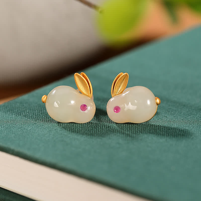 Buddha Stones 925 Sterling Silver Year of the Rabbit Hetian Jade Luck Ring Earrings Necklace Pendant - Earrings - image 5