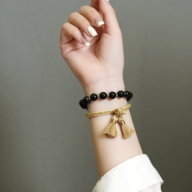Buddha Stones 2Pcs Black Onyx Bead Support Protection String Bracelet - image 1