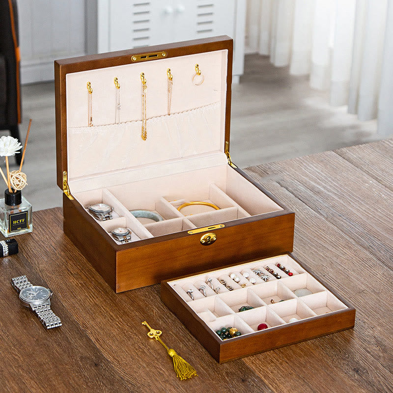 Buddha Stones Vintage Wooden Jewelry Box Two-Layer Solid Wood Jewelry Storage Box - image 3