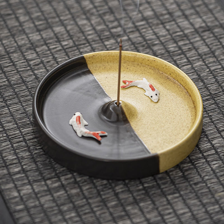 Buddha Stones Koi Fish Pattern Spiritual Healing Ceramic Incense Stick Burner Decoration - Yellow Black Koi Fish - image 10