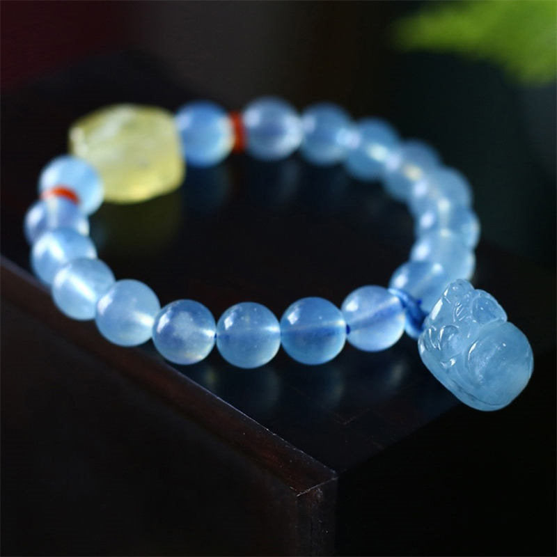Buddha Stones Natural Aquamarine Amber Pixiu Peace Healing Charm Bracelet - image 5