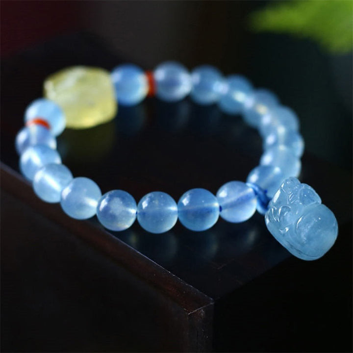 Buddha Stones Natural Aquamarine Amber Pixiu Peace Healing Charm Bracelet - image 5