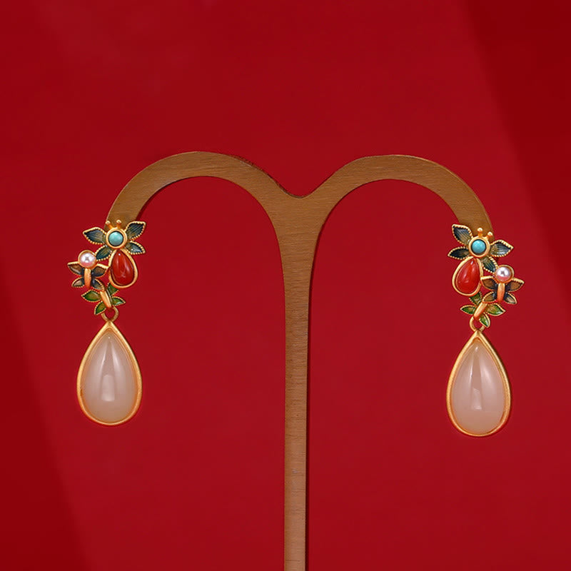 Buddha Stones Water Drop White Jade Red Agate Butterfly Protection Drop Dangle Earrings - image 6