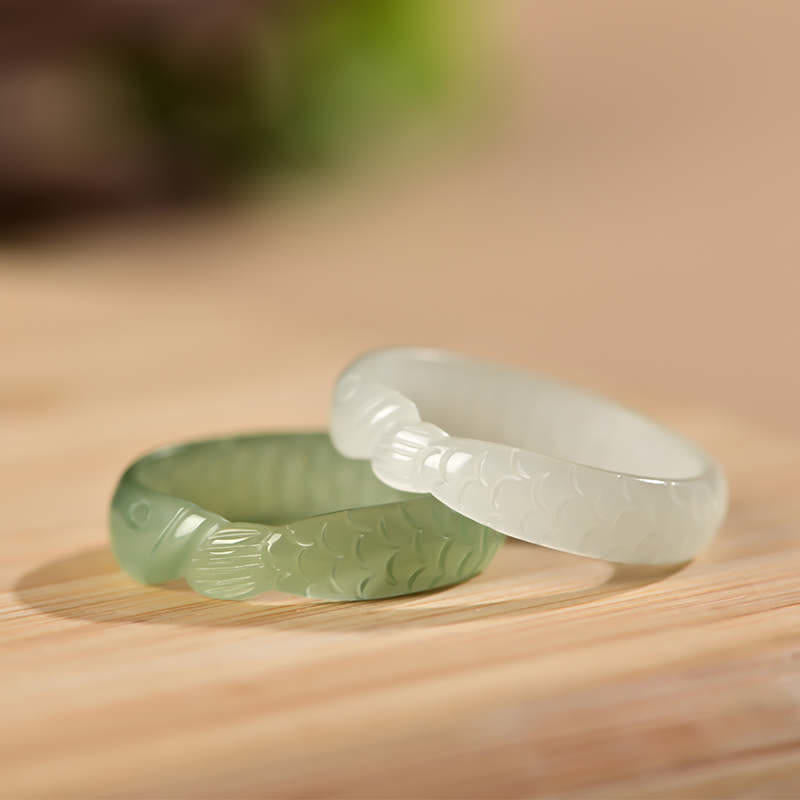 Buddha Stones Hetian White Jade Cyan Jade Koi Fish Success Luck Ring - image 0