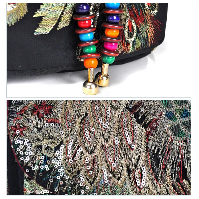 Buddha Stones Peacock Embroidery Canvas Tassel Backpack - image 6