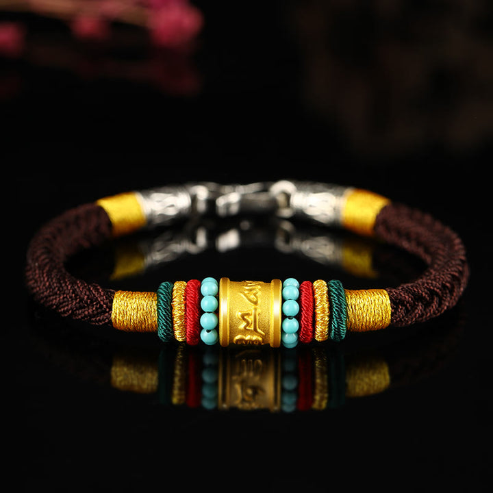 Buddha Stones Tibet 999 Gold Om Mani Padme Hum Handmade Eight Thread Peace Knot Luck Bracelet - Turquoise Silver Buckle Brown Rope - 19cm - image 16