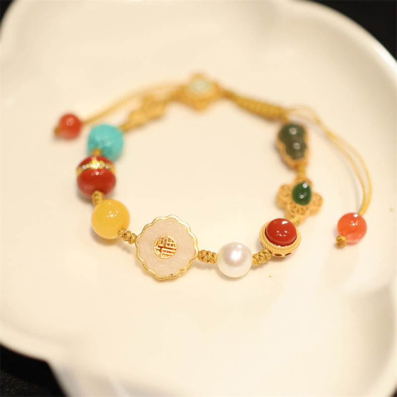 Buddha Stones 925 Sterling Silver Natural Hetian Jade Amber Red Agate Crystals Luck Bracelet - Hetian Jade Gourd&Amber&Red Agate&Pearl - image 10