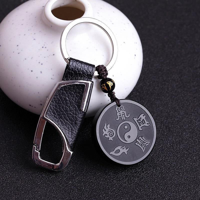 Buddha Stones Natural Black Obsidian Taoism Five Sacred Mountains Nine-Character Mantra Carved Strength Yin Yang Necklace Pendant Key Chain - Black Obsidian&Key Chain - image 7