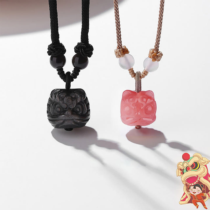 Buddha Stones Natural Silver Sheen Obsidian Red Agate Dancing Lion Protection Necklace Pendant - image 8