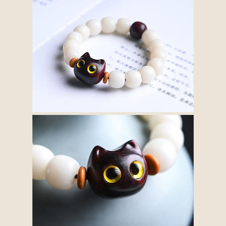 Buddha Stones Natural Bodhi Seed Small Leaf Red Sandalwood Ebony Wood Cute Lucky Cat Wisdom Bracelet - image 7