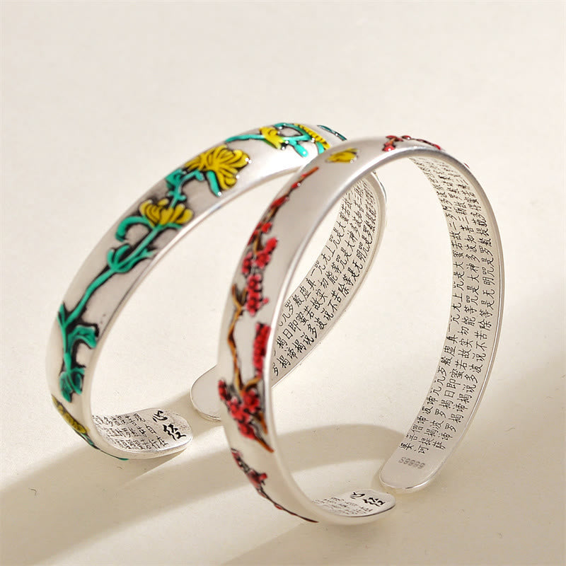 Buddha Stones Plum Blossom Chrysanthemum Flower Design Heart Sutra Healing Bracelet Cuff Bangle - image 1