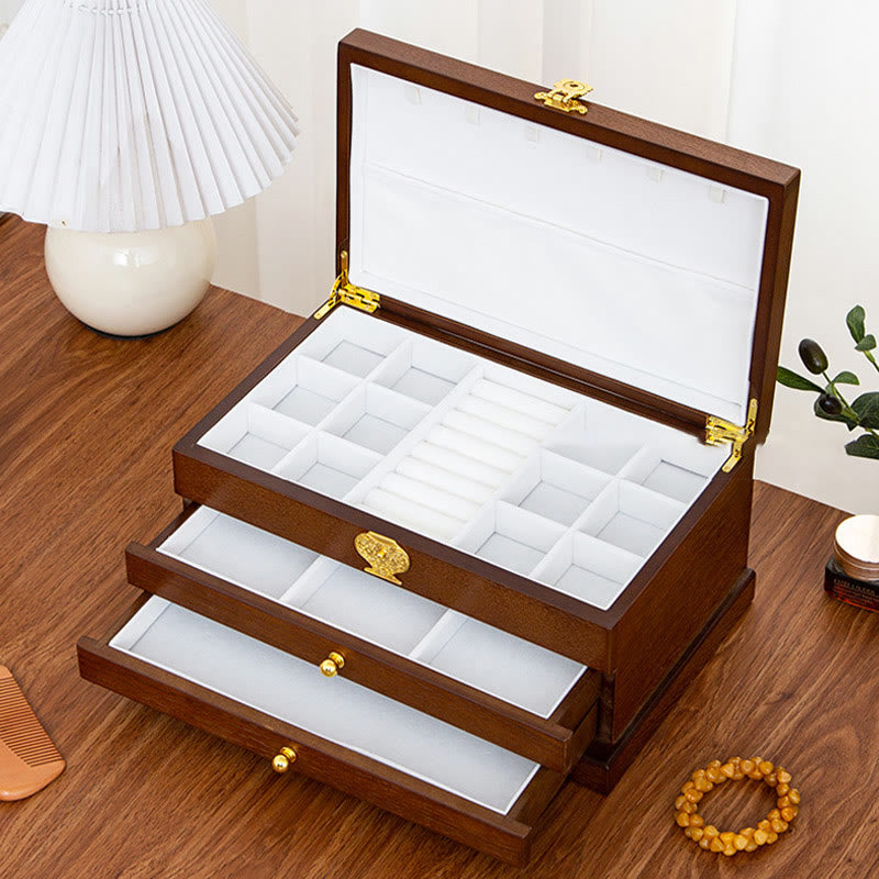 Buddha Stones Retro Wooden Jewelry Box Three-Layer Jewelry Storage Box - image 2