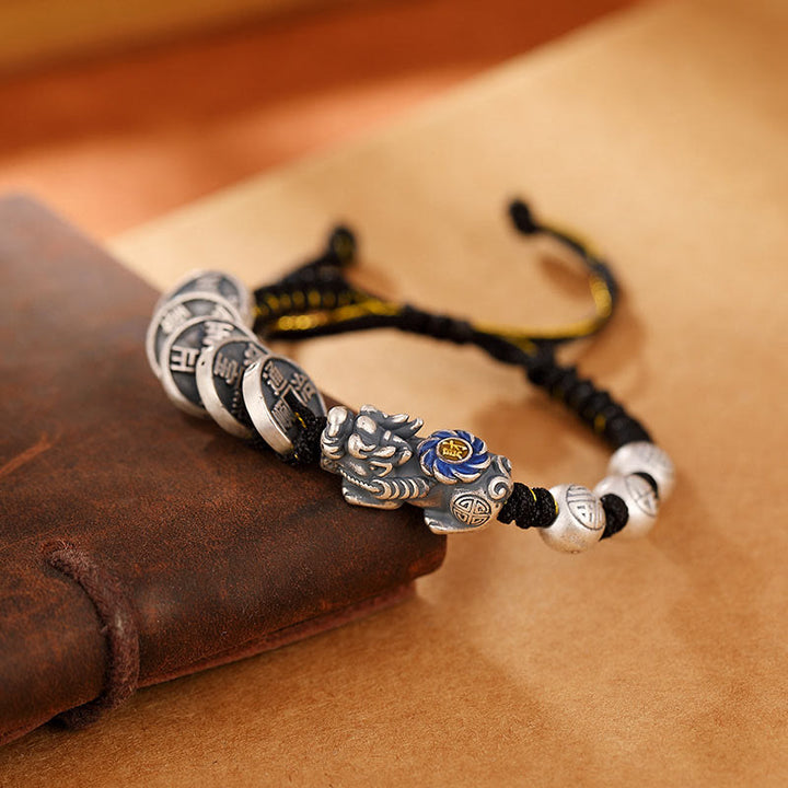 Buddha Stones 999 Sterling Silver FengShui PiXiu Copper Coin Fu Character Wealth Braided Bracelet - image 2