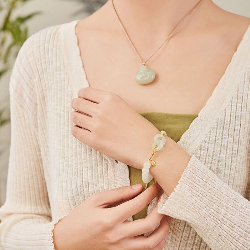 Buddha Stones Natural Hetian Jade Bead Double Peace Buckle Fu Character Abundance Braided Bracelet - image 23