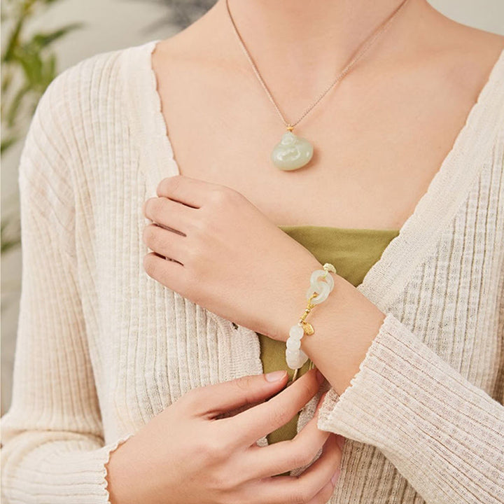 Buddha Stones Natural Hetian Jade Bead Double Peace Buckle Fu Character Abundance Braided Bracelet - image 23