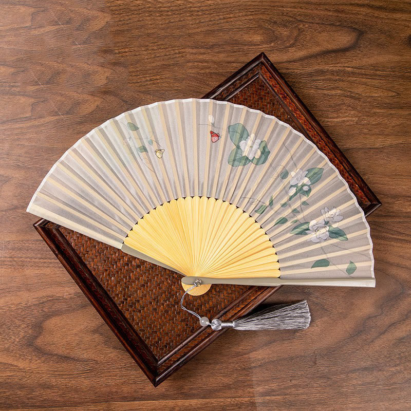 Buddha Stones Jasmine Lotus Begonia Flowers Handheld Bamboo Folding Fan - Jasmine - image 1