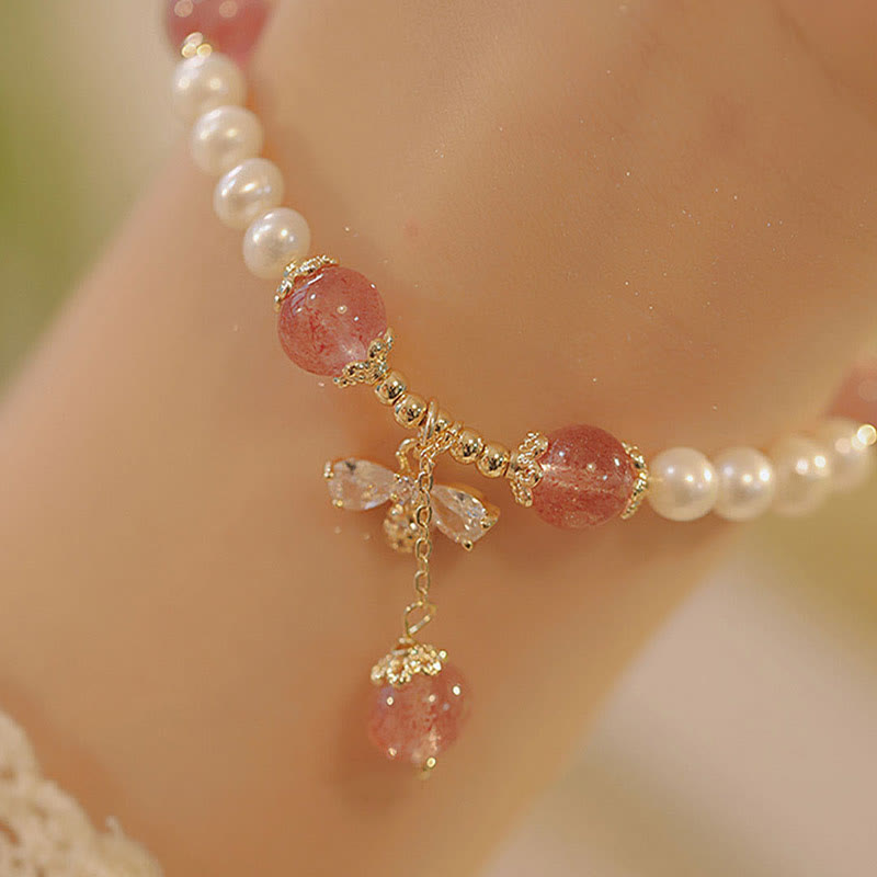 Buddha Stones Natural Pearl Strawberry Quartz Healing Cute Honey Bee Charm Bracelet - Pearl&Strawberry Quartz(Wrist Circumference 14-19cm) - image 0