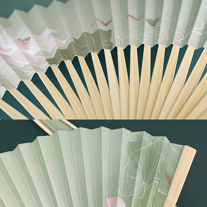 Buddha Stones Lotus Flowers Leaf Koi Fish Handheld Paper Bamboo Folding Fan - image 5