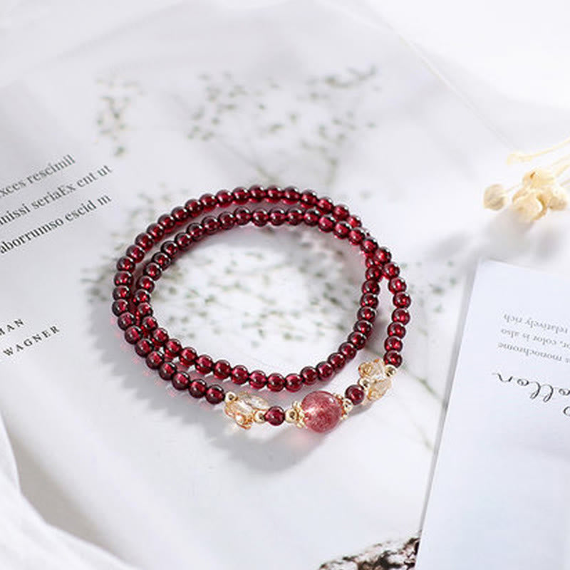 Buddha Stones 14K Gold Plated Natural Garnet Strawberry Quartz Butterfly Protection Double Wrap Bracelet - Garnet&Strawberry Quartz - image 0
