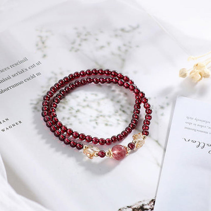 Buddha Stones 14K Gold Plated Natural Garnet Strawberry Quartz Butterfly Protection Double Wrap Bracelet - Garnet&Strawberry Quartz - image 0