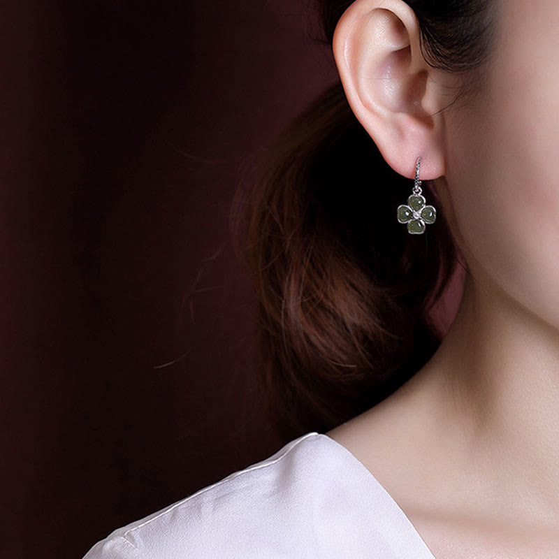 Buddha Stones 925 Sterling Silver Natural Cyan Jade Four Leaf Clover Luck Success Earrings - image 11