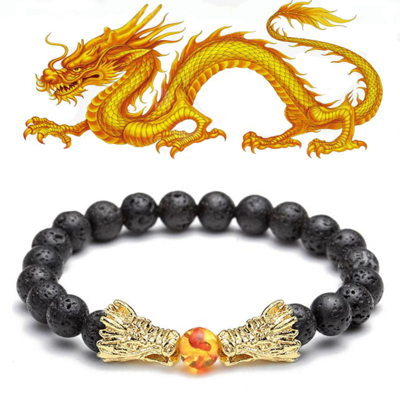 Buddha Stones White Turquoise Lava Rock Dragon Blessing Beaded Bracelet - Lava Rock&Gold - image 25