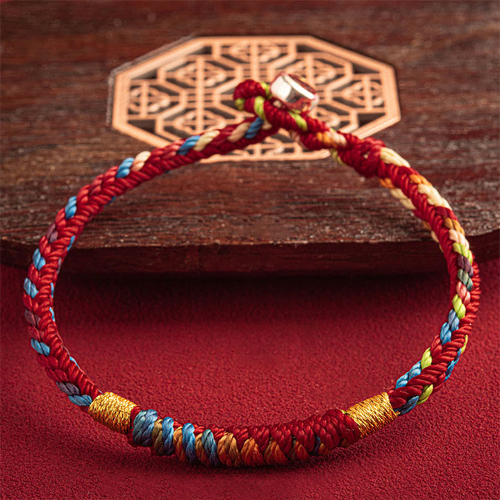 Buddha Stones "May You Be Safe And Lucky In The Year Ahead" Multicolored Bracelet - Gold Five Color Thread - 19cm - 925 Silver Buckle - image 8