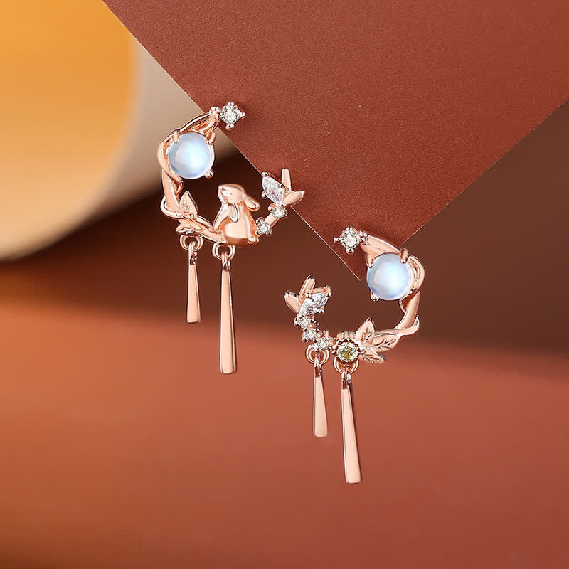 925 Sterling Silver Year of the Rabbit Moonstone Moon Flower Pattern Necklace Pendant Bracelet Earrings - Earrings - Rose Gold - image 7
