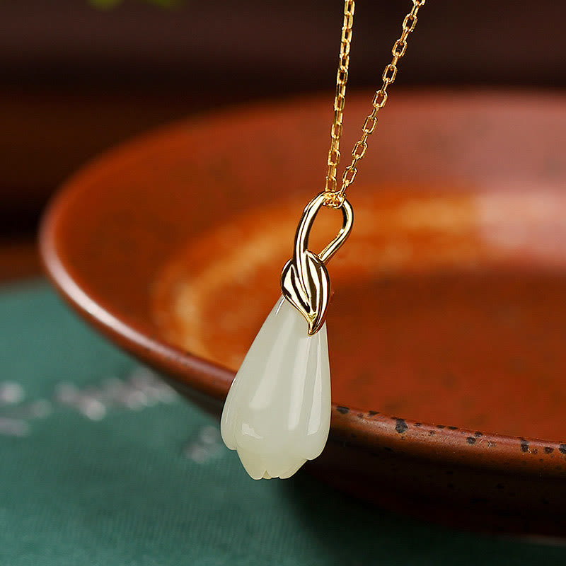 Buddha Stones 925 Sterling Silver Plated Gold Natural Hetian Jade Magnolia Flower Abundance Necklace Pendant - image 1