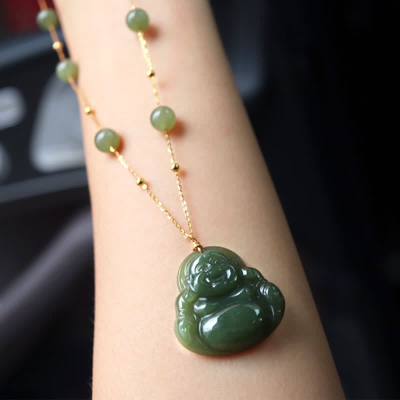 Buddha Stones Laughing Buddha Hetian Jade Luck Necklace Bead Chain Pendant - image 2