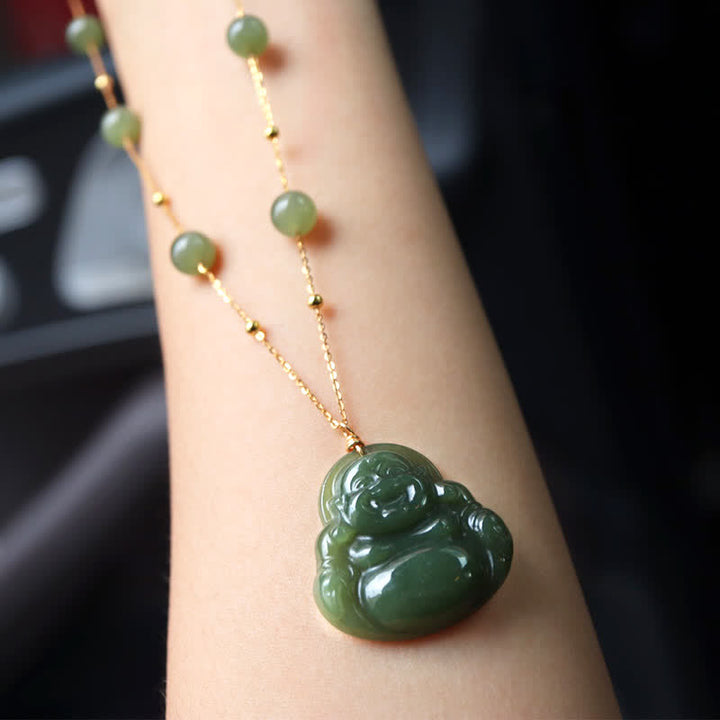 Buddha Stones Laughing Buddha Hetian Jade Luck Necklace Bead Chain Pendant - image 2