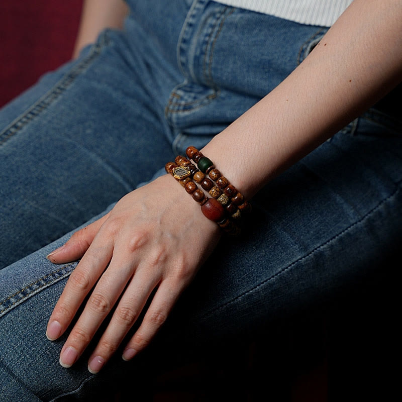 Buddha Stones Tibetan Bodhi Seed Amber Dzi Bead Agate Zakiram Goddess of Wealth Beads Triple Wrap Bracelet - image 18