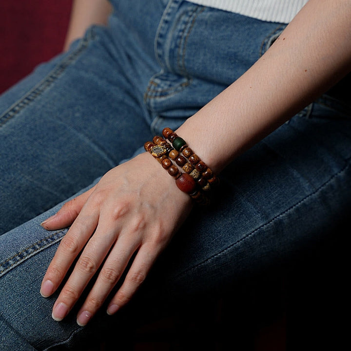 Buddha Stones Tibetan Bodhi Seed Amber Dzi Bead Agate Zakiram Goddess of Wealth Beads Triple Wrap Bracelet - image 18
