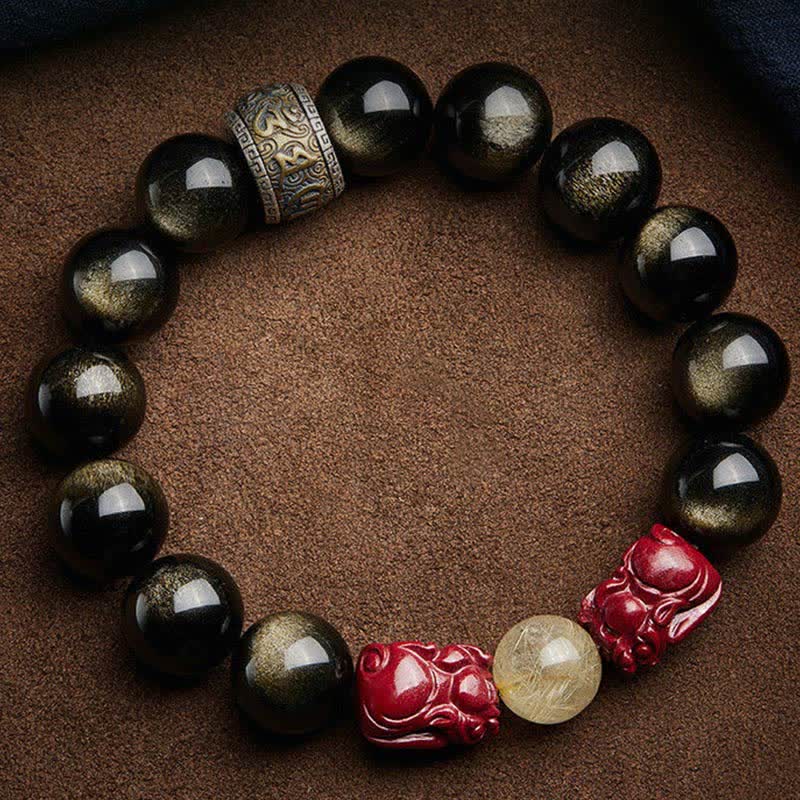 Buddha Stones Gold Sheen Obsidian PiXiu Cinnabar Om Mani Padme Hum Protection Bracelet - image 9
