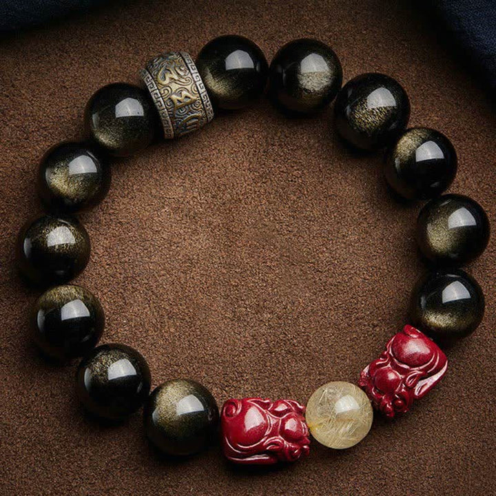 Buddha Stones Gold Sheen Obsidian PiXiu Cinnabar Om Mani Padme Hum Protection Bracelet - image 9