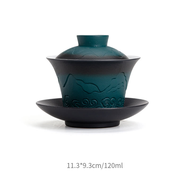 Buddha Stones Retro Blue Ocean Sea Waves Gradient Ceramic Gaiwan Sancai Teacup Kung Fu Tea Cup And Saucer With Lid - Black Green Gradient 11.3*9.3cm*120ml - image 4