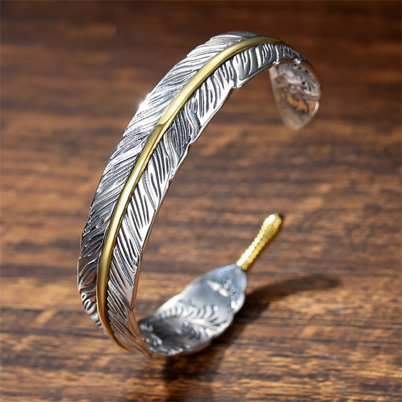 Buddha Stones Feather Pattern Carved Luck Wealth Cuff Bracelet Bangle - image 1