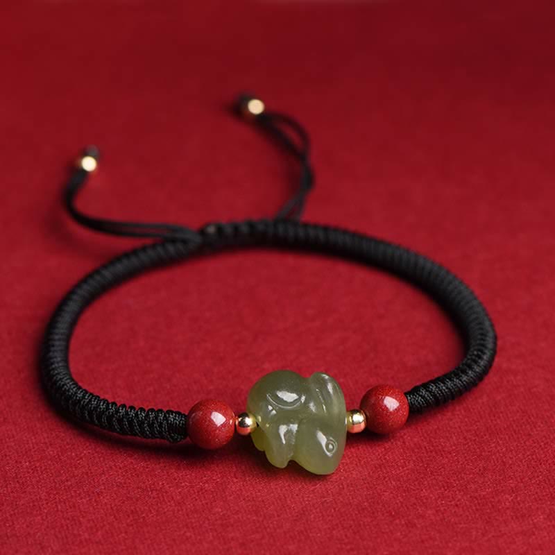 Year of the Rabbit Hetian Jade Bunny Cinnabar Beaded Abundance String Bracelet - image 11