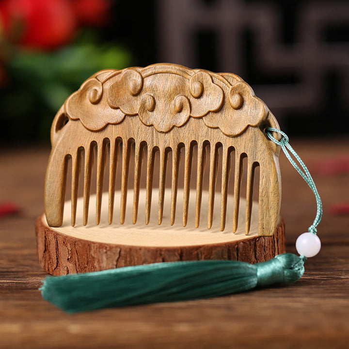 Green Sandalwood Fox Peony Flower Lotus Engraved Cure Tassel Comb - Auspicious Clouds Green Sandalwood - image 14