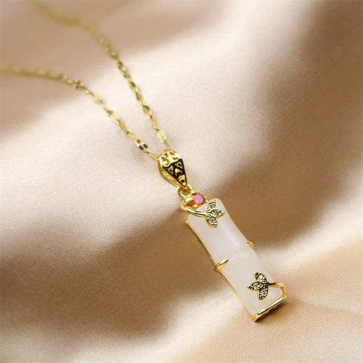 Buddha Stones White Jade Cyan Jade Bamboo Luck Protection Necklace Pendant - image 9