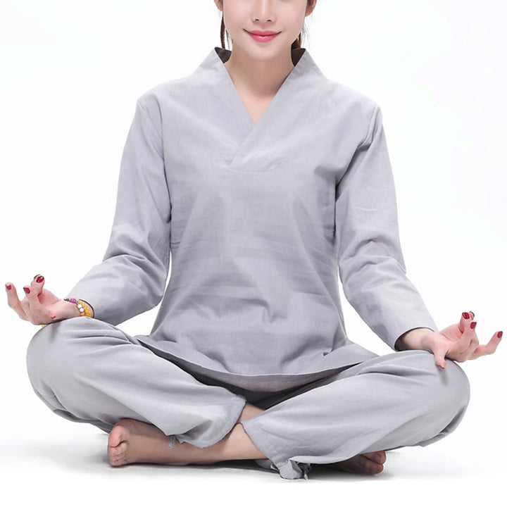 Buddha Stones Zen Practice Yoga Meditation Prayer V-neck Design Uniform Cotton Linen Clothing Women's Set - Light Gray - US6，UK/AU10，EU38 (2XL) - image 5