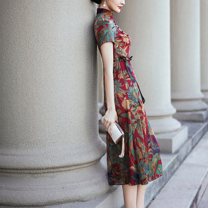 Buddha Stones Silk Qipao Dress Retro Flower Leaf Pattern Women's Cheongsam Dress - image 3