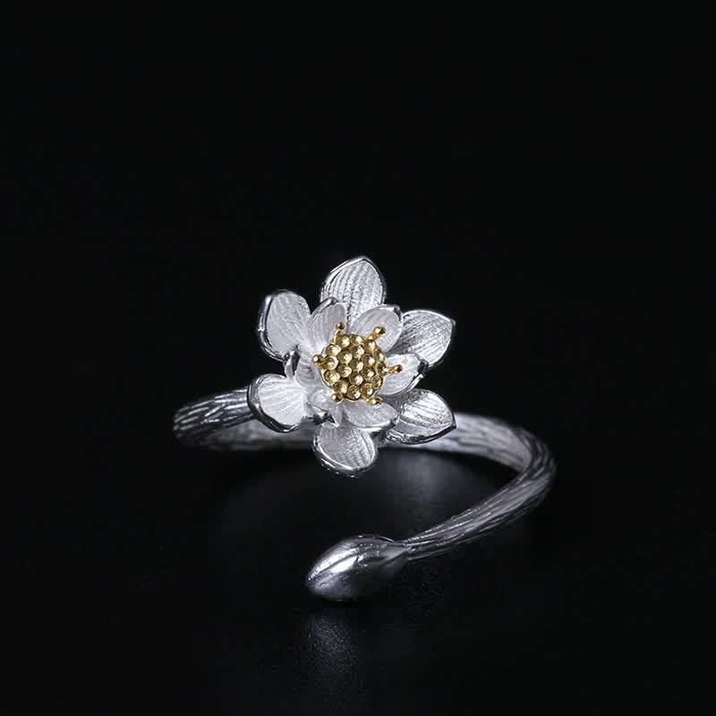 Buddha Stones 925 Sterling Silver Lotus Flower Blessing Ring - Silver - image 0