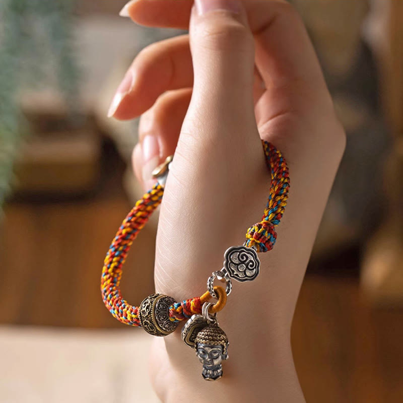 Buddha Stones Handmade Tibetan 925 Sterling Silver Chinese Zodiac Natal Buddha Zakiram Goddess of Wealth Protection Multicolored Rope Braided Bracelet - image 2